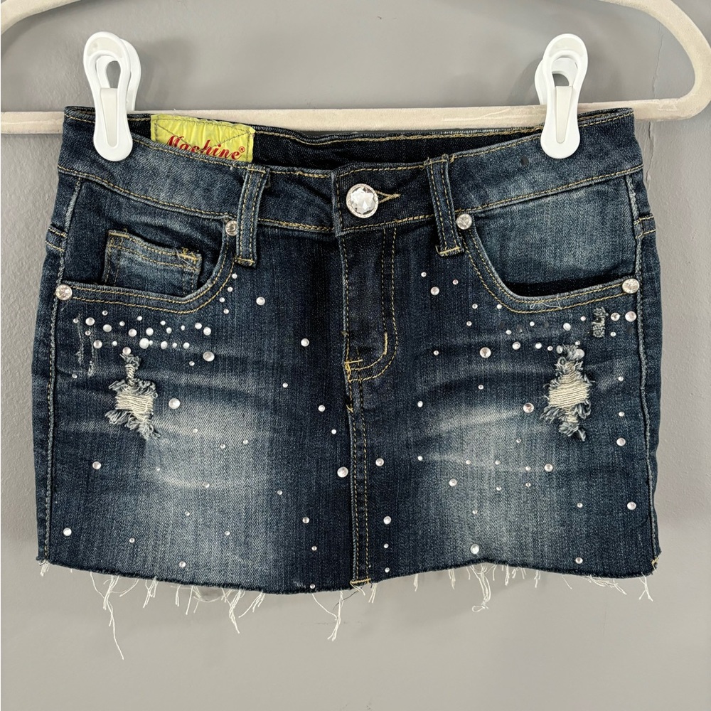 Machine Vintage Mini Skirt‎ Womens Small Denim Gems Distressed Wash
